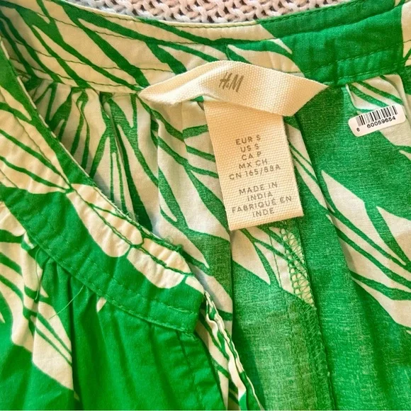 H&M Cotton Green & White Palm Leaf Tie Midi Maxi Long Sleeve Dress - Picture 10 of 14